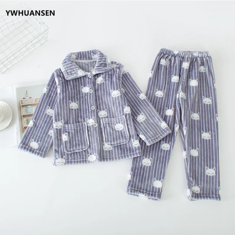 YWHUANSEN/осенне-зимний детский пижамный комплект и ночной халат суперплотная фланелевая одежда для сна для мальчиков и девочек Двусторонняя домашняя одежда