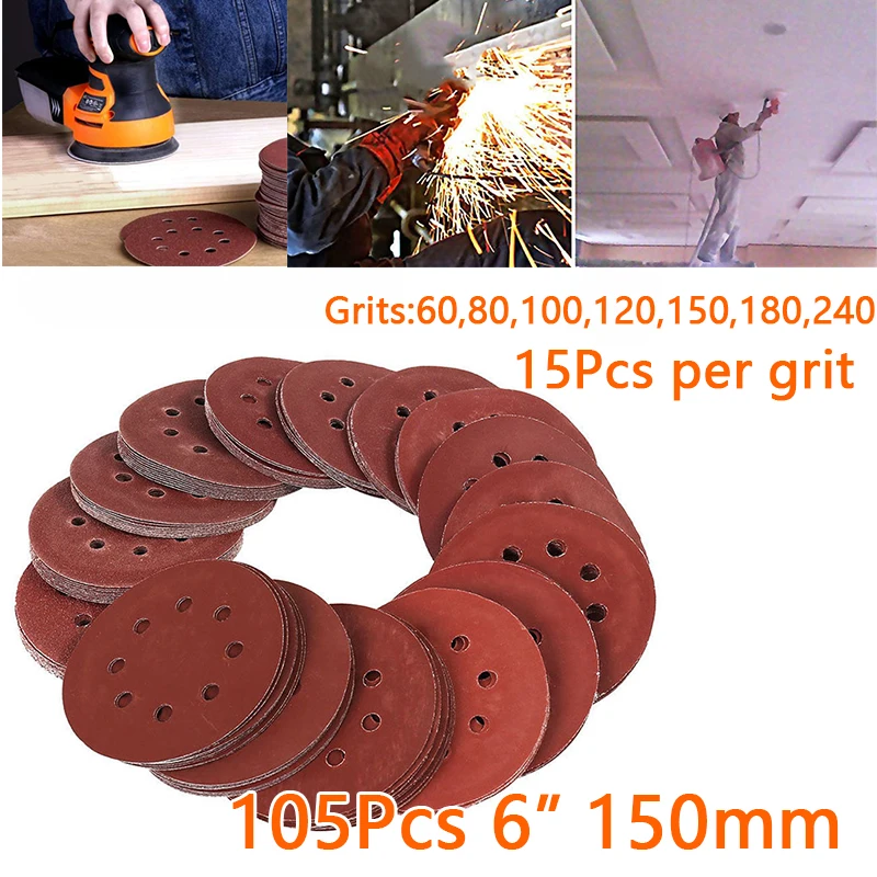 

105 pcs/set Sandpaper 150mm 8 Holes 60-240 Grits Polishing Attachment Rotary tools