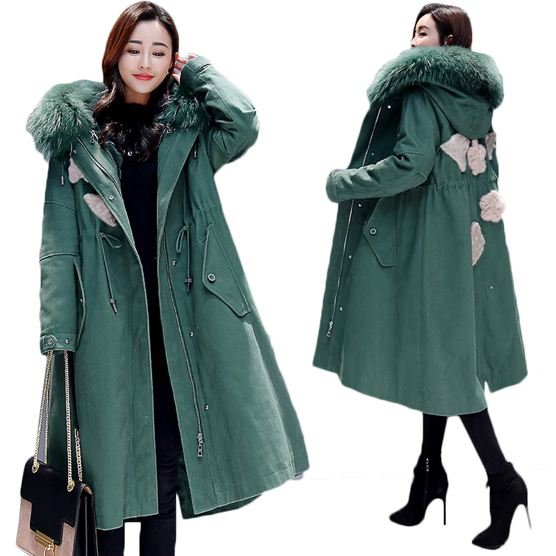 

Winter Long Cotton Jacket Coat Women Thicken Warm Cotton-padded Coats Female Big Fur Collar Hooded Cotton Parka Womens Overcoat