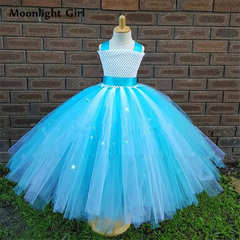 

Winter White Blue Snowflake Princess Girls Tutu Dress Anna Elsa Costume Halloween Birthday Party Dresses For Kids Girls PQ228