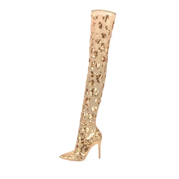 

EMMA KING New Style Bling Bling Gold Stretch Fabric Sock Boots Women Pointed Toe Stiletto High Heels Stage Long Thigh High Boots