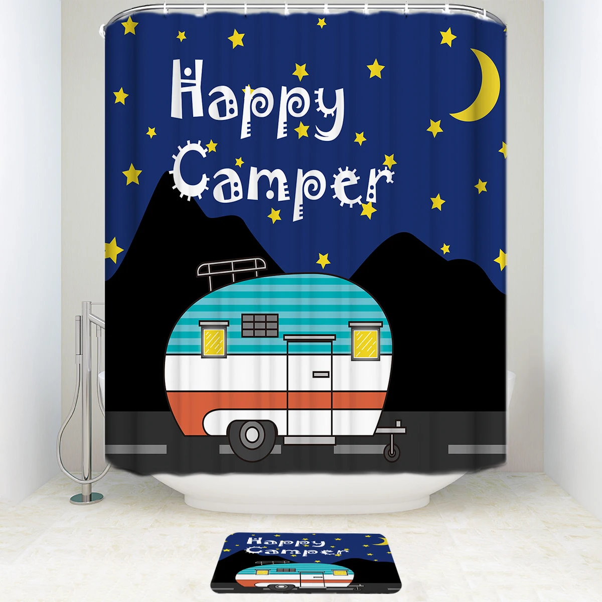 Buy Happy Camping Retro Caravan Pattern, Mildew