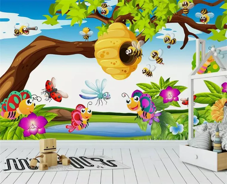 

Custom mural photo 3d room wallpaper Cute animal bees and butterfly children's room 3d wall murals wallpaper for wall 3 d