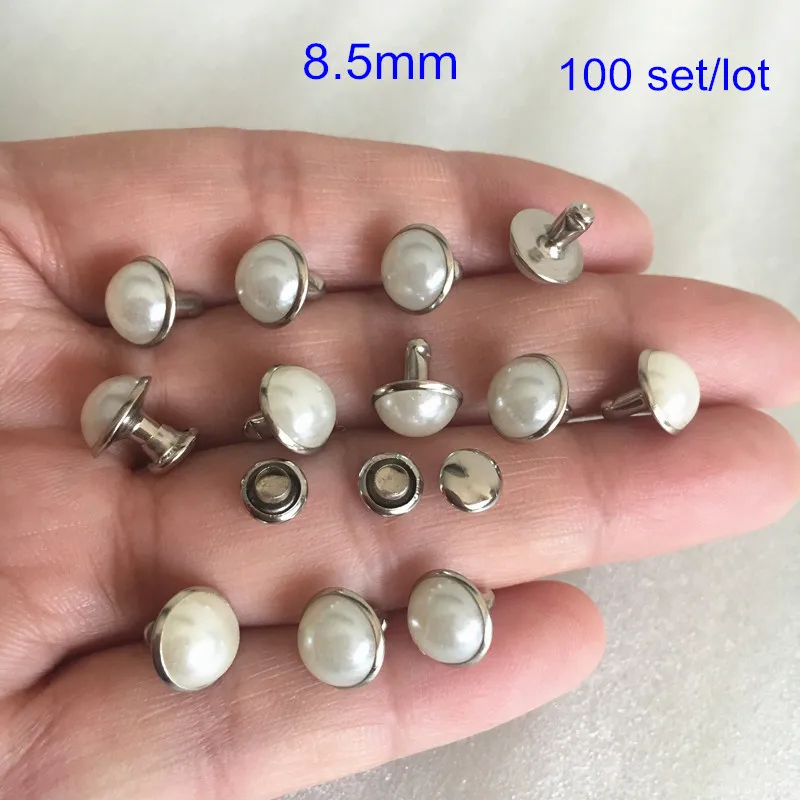 100 Sets 8.5mm Domed White Pearl Rivet Studs,Studs With Half Pearl For
