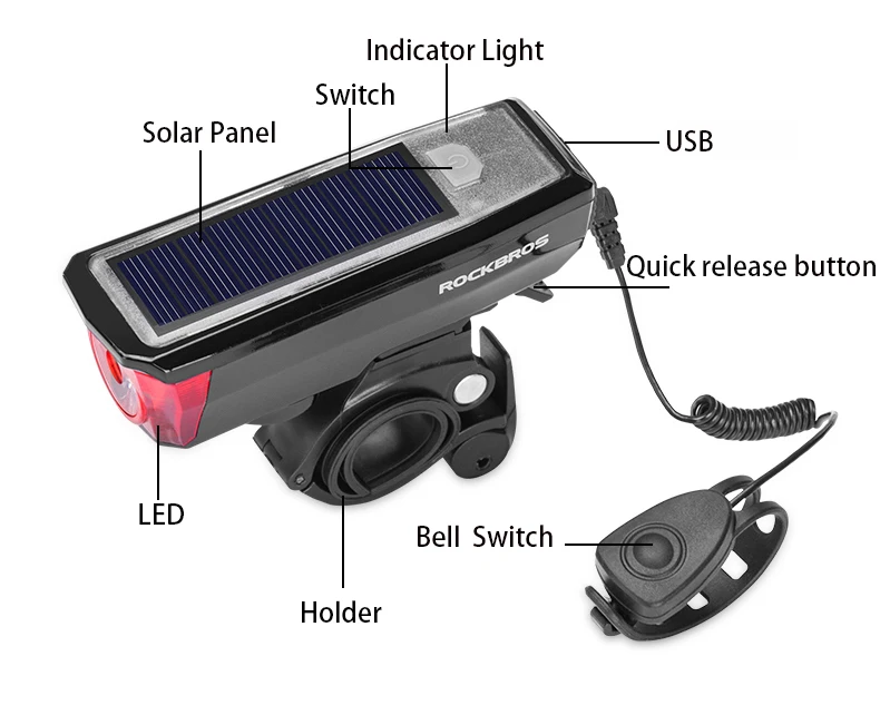 ROCKBROS велосипедный Солнечный usb зарядный светильник IPX4 светодиодный водонепроницаемый колокольчик 120 дБ головной светильник зондирующий умный переключатель передний велосипедный светильник