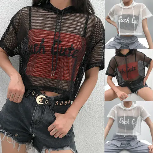 

Womens Perspective Hollow Mesh Net T-Shirt Short Sleeve With Hat Tee Tops Transparent Clubwear