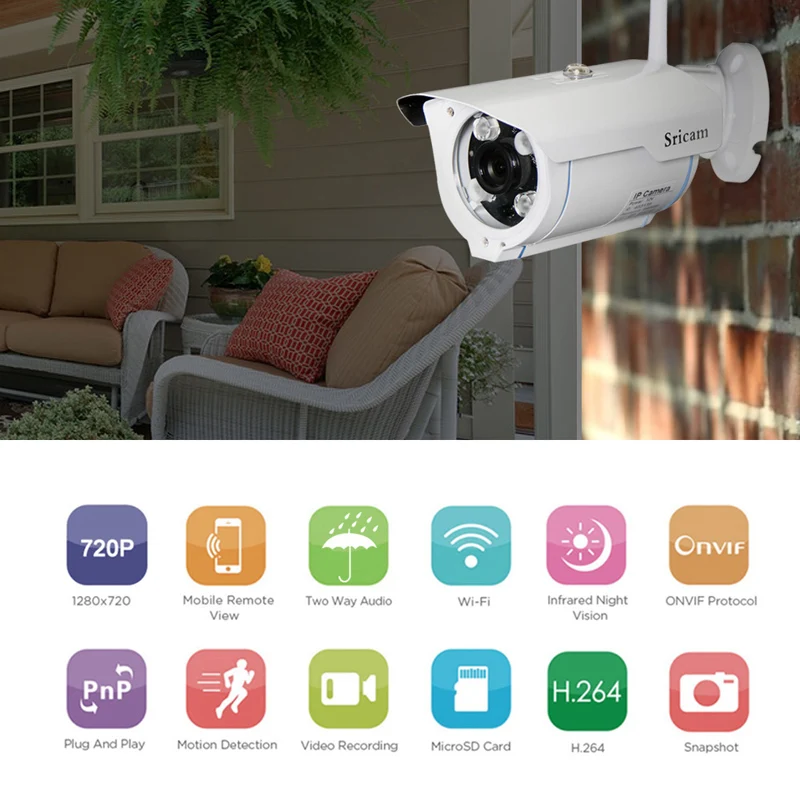 

Sricam SP007 HD 720 IP Camera WIFI Onvif 2.4 P2P for Smartphone Waterproof Vandalproof Support 128G SD TF Card Outdoor IP Camera