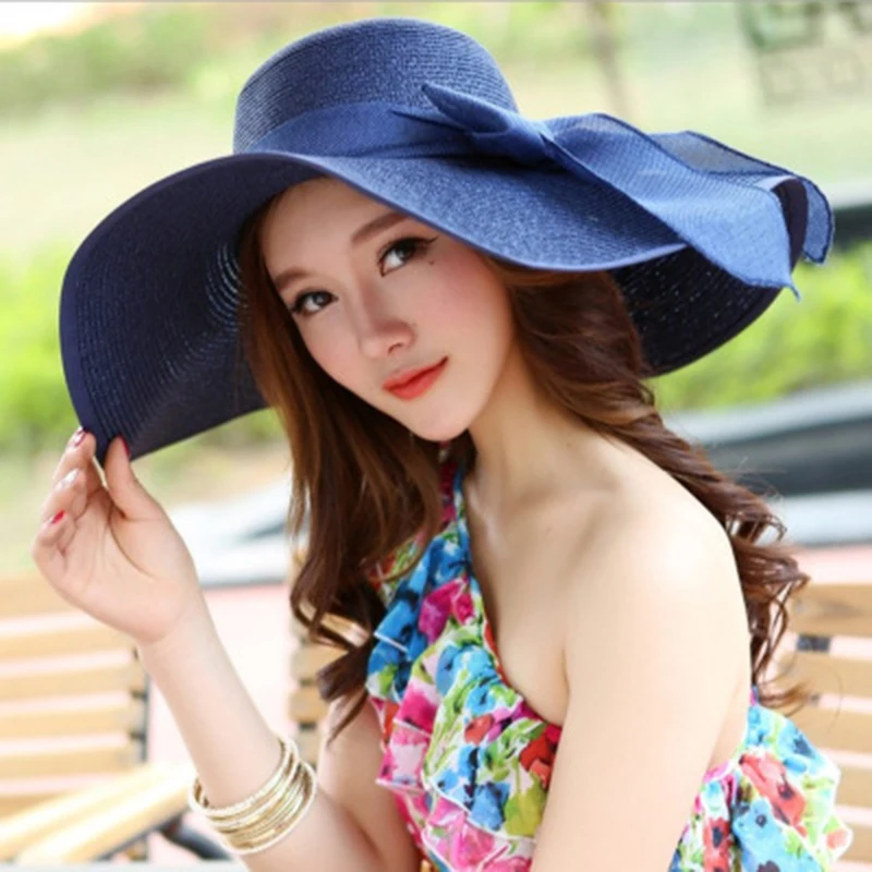

Fashion Vintage Elegant Straw Solid Sun Hats For Women Girl Summer Outdoor Beach Large Vacation Scarves Ribbon Straw Sun Hat Cap