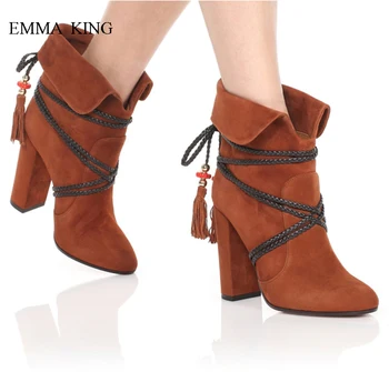 

Women's Boos Ravers Suede Cross-tied Tassel Autumn Winter Ankle Boots Chunky High Heels Botas Mujer Mixed Colors Ladies Shoes