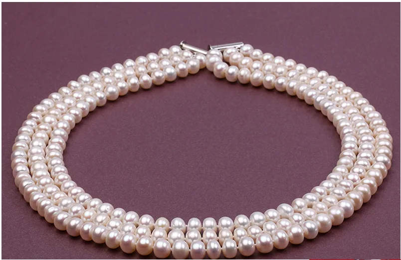 

Wedding Woman 3 Rows Necklace 8-9mm bright White pearl necklace rhinestone stud earring natural Freshwater Pearl