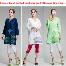 Новинка, женское летнее платье, модное, размера плюс, свободное, китайский стиль, ручная роспись, лотос, с круглым вырезом, рукав, платье, 3 цвета