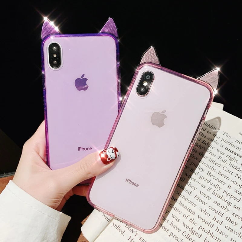 Блестящий Bling розовый кот уха чехол для iPhone XS MAX XR 10 десять X 6 6s 8 7 Plus Мода алмаз