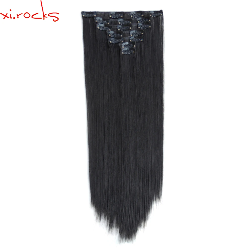 

2set 7pcs/set Xi.rocks Synthetic Clip in Human Hair Extension 55cm Straight Hairpiece Hair Clips 130g Hairpins Naturl Black 2