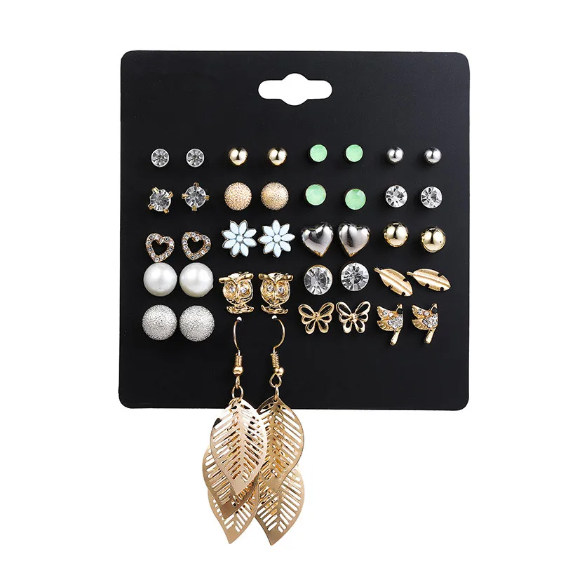

20Pairs/Lot Pearl Stud Earrings Set For Women Punk Fashion Owl Flower Heart Rhinestone Mixed Party Wedding Jewelry Ear Gifts