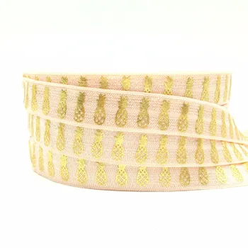 

10Y 5/8" Good Quality Gold Foil Pineapples Print Fold Over Elastic Peach FOE Elastic Ribbon for Hair Tie DIY Hair Accessory