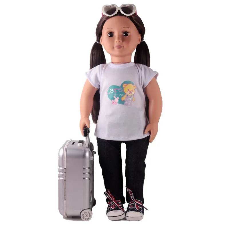 Дял 18-дюймовой куклы аксессуары Cencity кукла масштабных дорожных чемоданов, белая футболка + джинсы + рубашка с принтом с тапки +