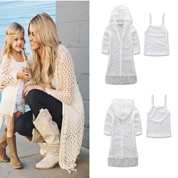 

Family Matching Outfits Sets Coat+ Halter Tops Mother Daughter Clothes Europe and America Woman Girl Fashion Hollow Dresses