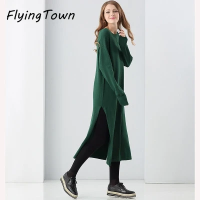 

FlyingTown winter thick warm knitted dress for women beige/green plus size loose sweater dress knitwear female casual clothes