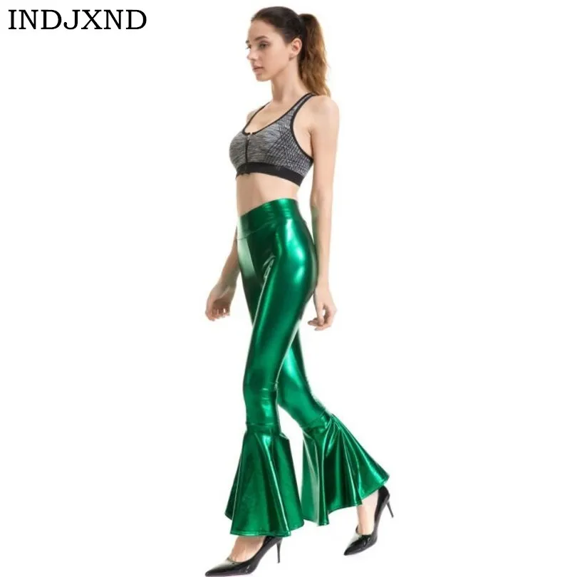 INDJXND Women Wide Leg Bright leather Leggings High Waist Slim Long Pants Women Glitter Pants Legging Nightclub Horn Trousers