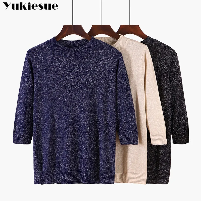 

2019 new Women Pullover Sweater Lurex Glitter Knitted pullover Tops Spring Autumn Half Sleeve Elasticity o-neck Female Jumper
