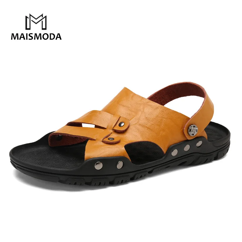 

MAISMODA Genuine Leather Men's Sandals Top Layer Cowhide 2 Function 1 Price Open Toe Slip Casual Roman Beach Slippers YL252