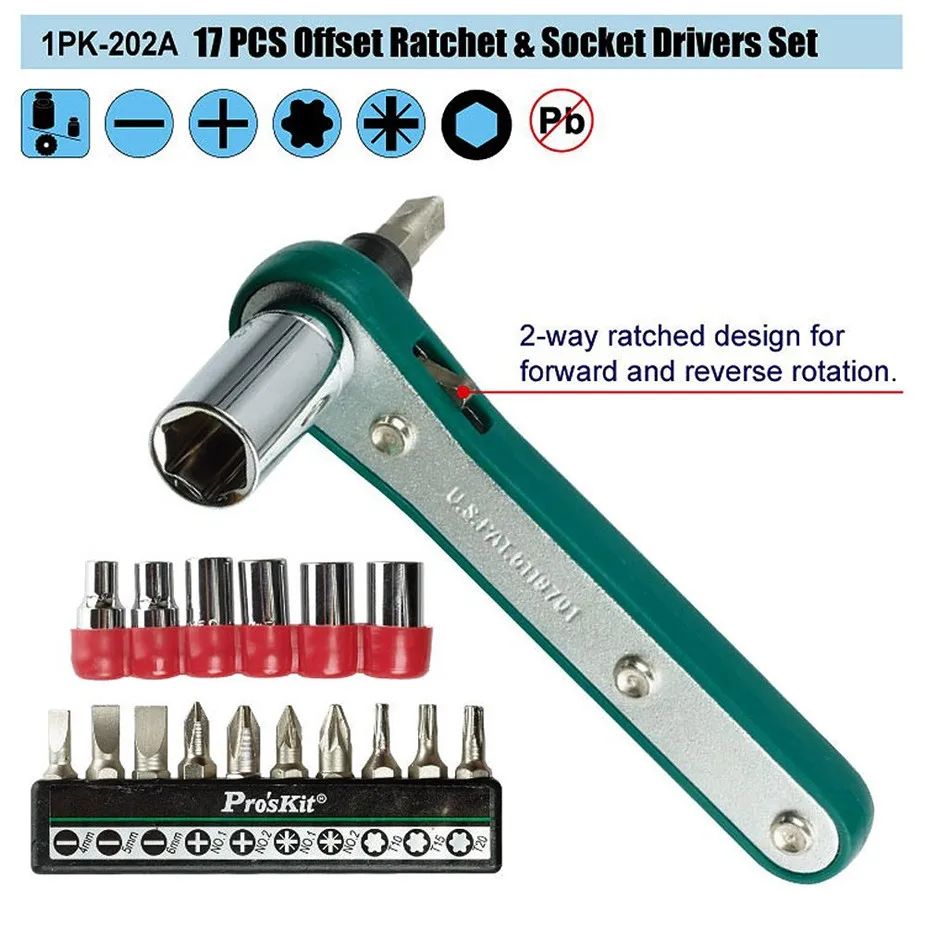 Горячие ProsKit 1PK-202A 17 в 1 смещение Ratchet & гнездо Driver набор Torx Hex (метрика Размеры)