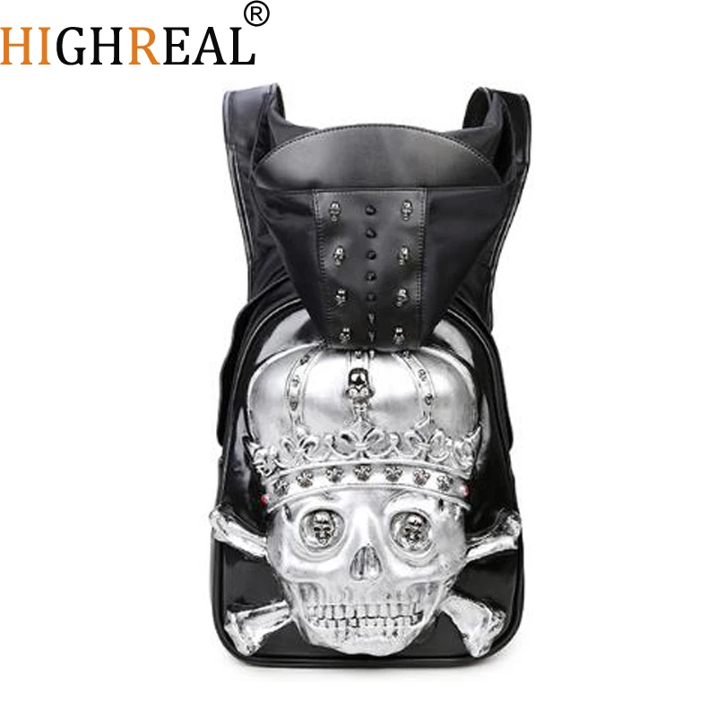 

3D Leather Hooded Men Backpack Rivets Skull Bag with Hood Cap 2017 Punk Gothic Animal Backpack for Mens Teenage