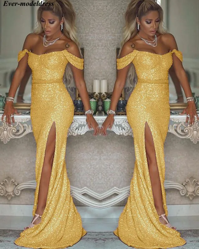 

Shiny Sexy Evening Dresses 2019 Mermaid Side Split Off Shoulder Zipper Back Sweep Train Long Prom Party Dresses Robe de soiree