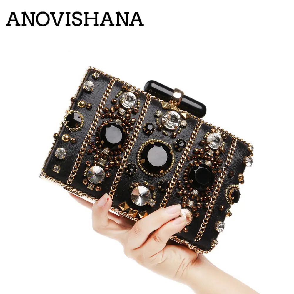 

ANOVISHANA Embroidery Women Handbags Beaded Chain Metal lady Day Clutches Party Wedding Evening Bags One Side Diamonds Purse 101