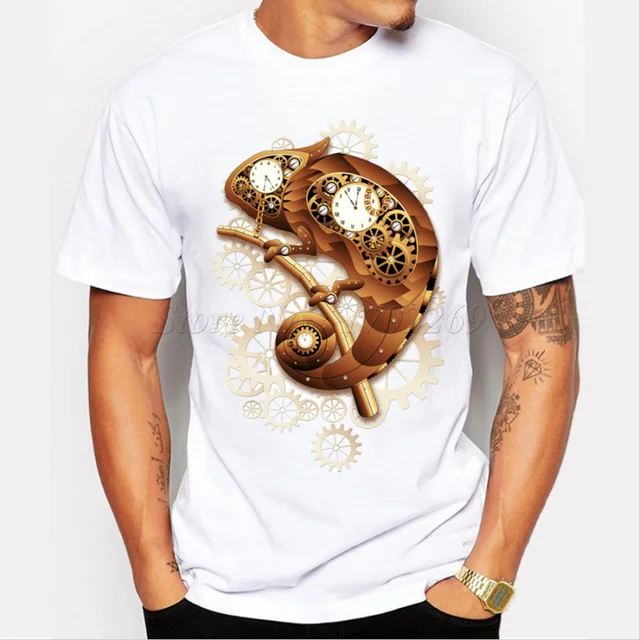 New arrival steam punk style cat/owl/Chameleon vintage printed men's casual t-shirt male retro design funny tops/tee_voghion.com