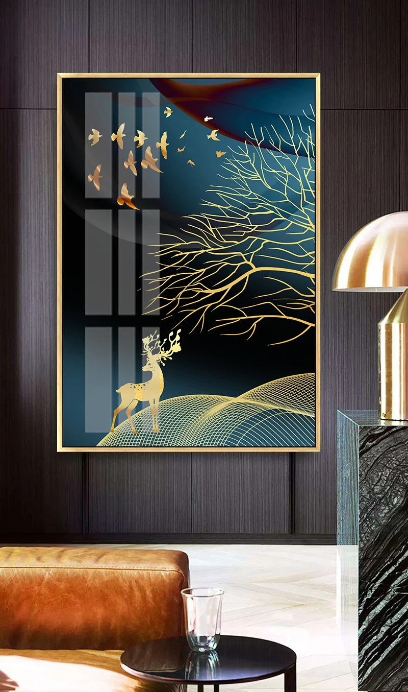 Modern Golden Abstract Deer Tree Bird Wall Art Canvas Painting For Home Decor Modern Golden Abstract Deer Tree Bird Wall Art Canvas Painting For Home Decor