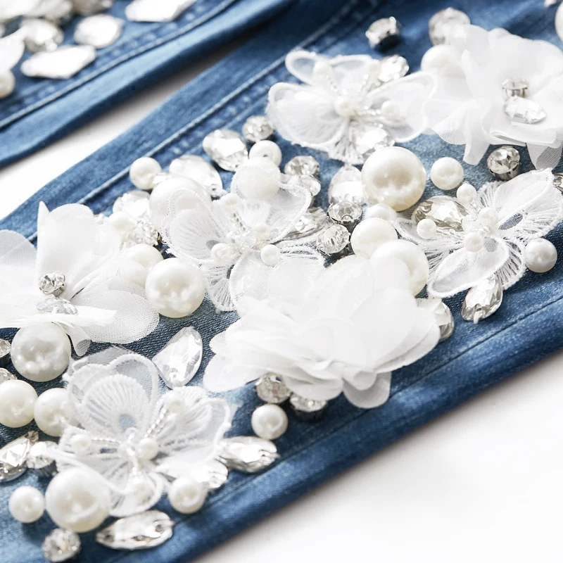 Los Mujer Mujeres Moda Con Rebordear La 2018 Pantalones De Blanco Stretch Nuevas Flor Casuales Denim 8IqUT4Tx