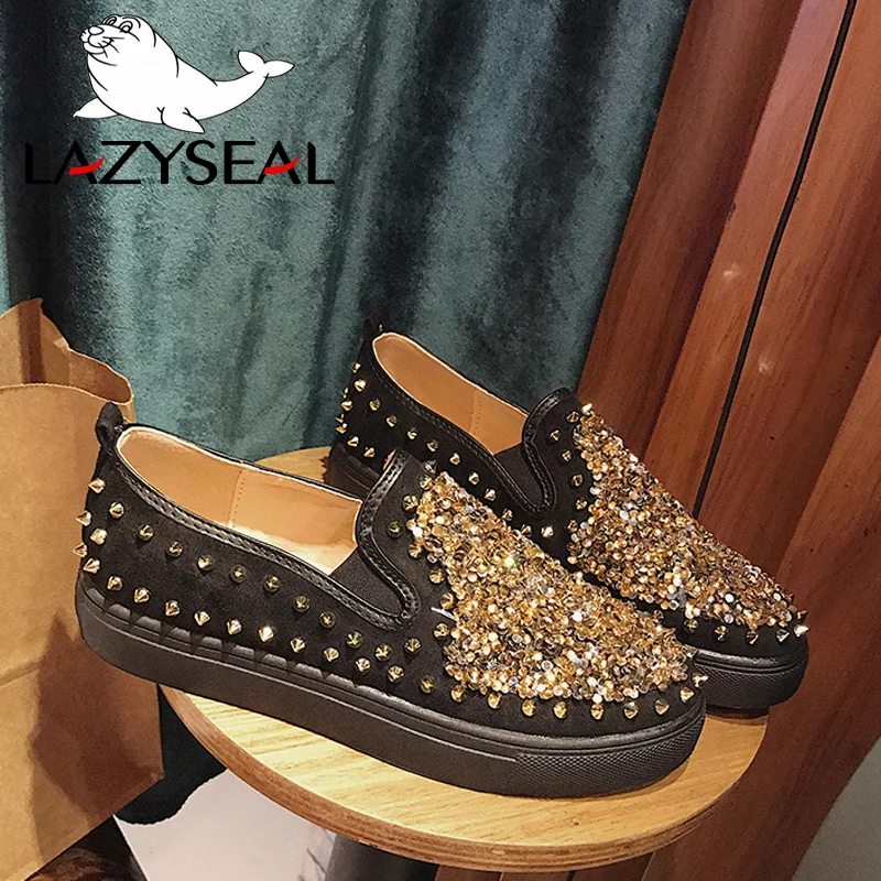 LazySeal Bling Women Flats Shoes Lovers Rivets PU Leather Loafers Woman Flat Heel Shoes Women Round Toe Mules For