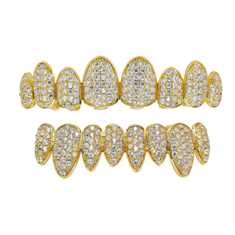 Goedkoop Hip Hop Tanden Grillz Iced Out AAA Zirkoon Top Bottom Tand Set Voor Mannen Vrouwen 3 Kleuren Mode Onregelmatige tand Grillz Sieraden