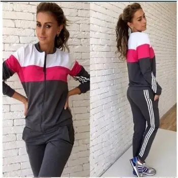 

Real 2019 New Above Knee, Mini O-neck Polyester Cotton Full Elastic Waist Zipper Style Women Long Sleeve Sweater Sports Suit