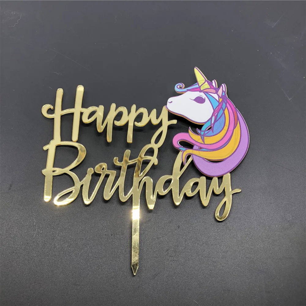 Colorful Unicorn Cake Topper Mirror Gold Acrylic Happy Birthday Cake Topper Baby Birthday Cake