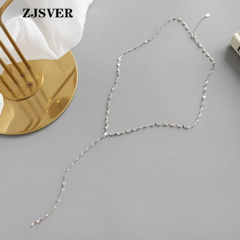 

ZJSVER Fine Jewelry 925 Sterling Silver Necklace Fashion Simple Silver Color Women Long Section Tile Chain Necklace For Gift