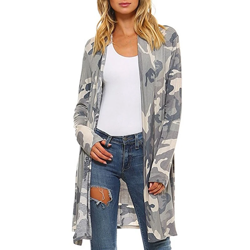 

Womens Camo Open Amry Cardigan Coat Camouflage Long Coat Outwear Jacket Vintage