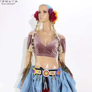 

Belly Dance velvet Top Fat Chance Tribal Choli Belly Dance Costume Short Drop Sleeve Top CJJ35