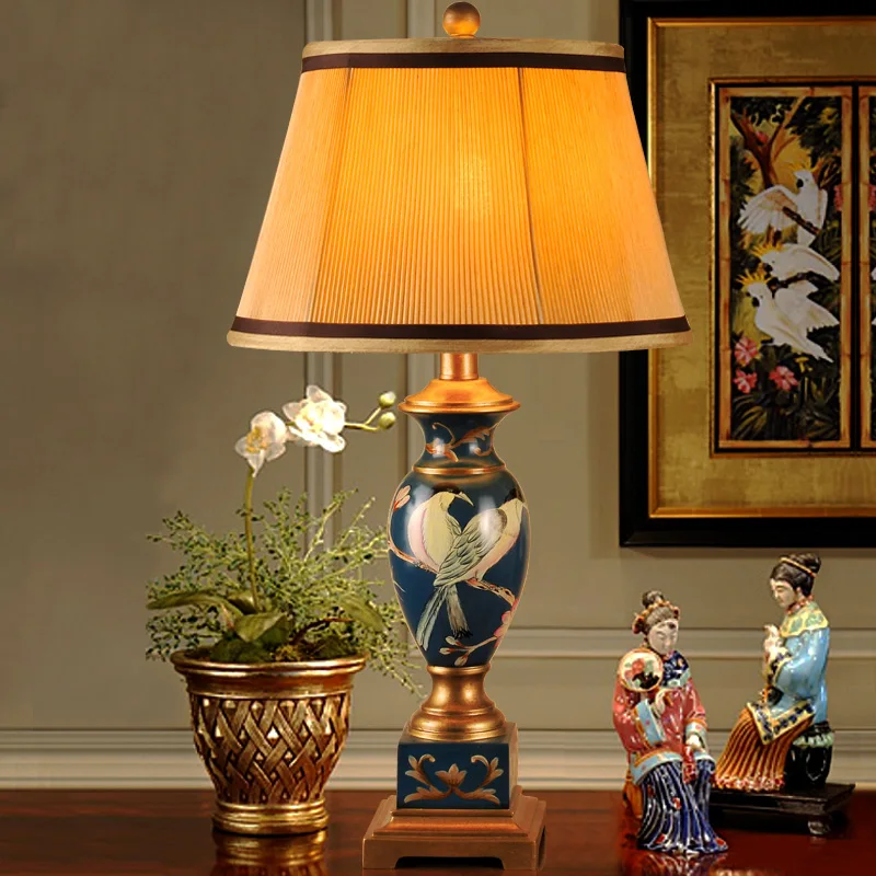 

European style new classical cloth table lamp personality flower and bird high lamp study lamp bedside table lamp TA91412