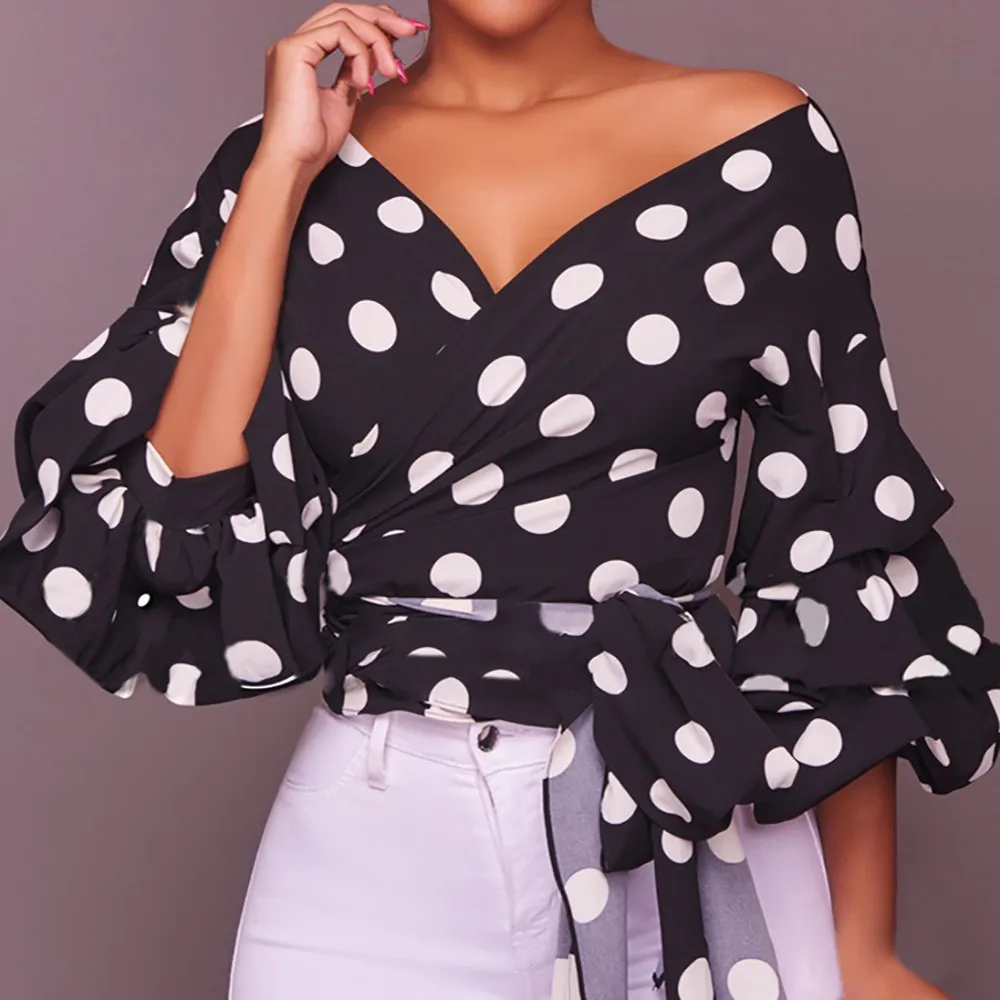 

2019 Summer Fashion Women Polka Dot Sashes Blouse Puff Sleeve Tee Tops Lady Shirt Casual Short Sleeve Blouse Summer Female Blusa
