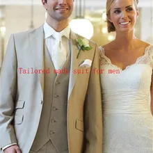 По индивидуальному заказу сделанный на одной пуговице бежевый жених смокинг с лацканами с острыми углами Свадебные Для Мужчин's костюм для жениха для выпускного вечера вечерние костюмы(пиджак+ брюки+ жилет+ галстук-бабочка