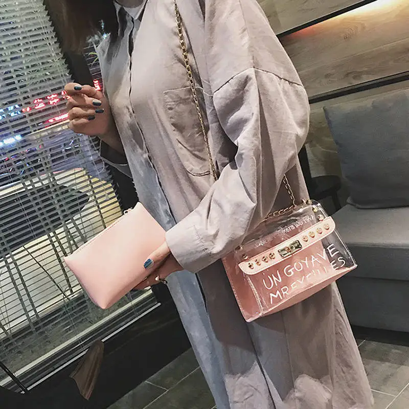 

2019 Summer Fashion Handbag Messenger bag High quality PVC Transparent Women's Small Printed Letter Square Chain Shoulder bag