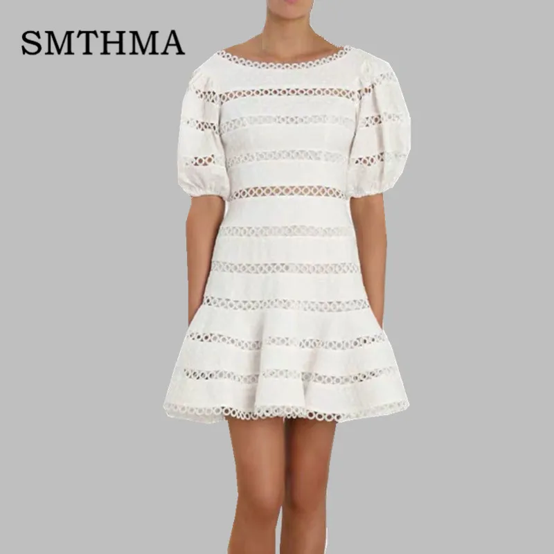 

High quality luxury runway 2019 new arrive Summer Short Sleeve White Lace Patchwork Dress women Puff Sleeve Dress vestidos