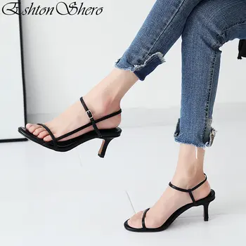 

EshtonShero Women Sandals Summer Shoes Woman Thin Med Heels Platform Leather Slingback Ankle Strap Ladies Wedding Shoes Size 3-8