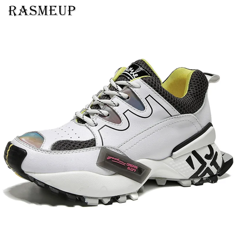 

RASMEUP Genuine Leather Women's Chunky Sneakers Breathable 2019 Fashion Style Women Flat Platform Sneaker Trainers ladies shoes