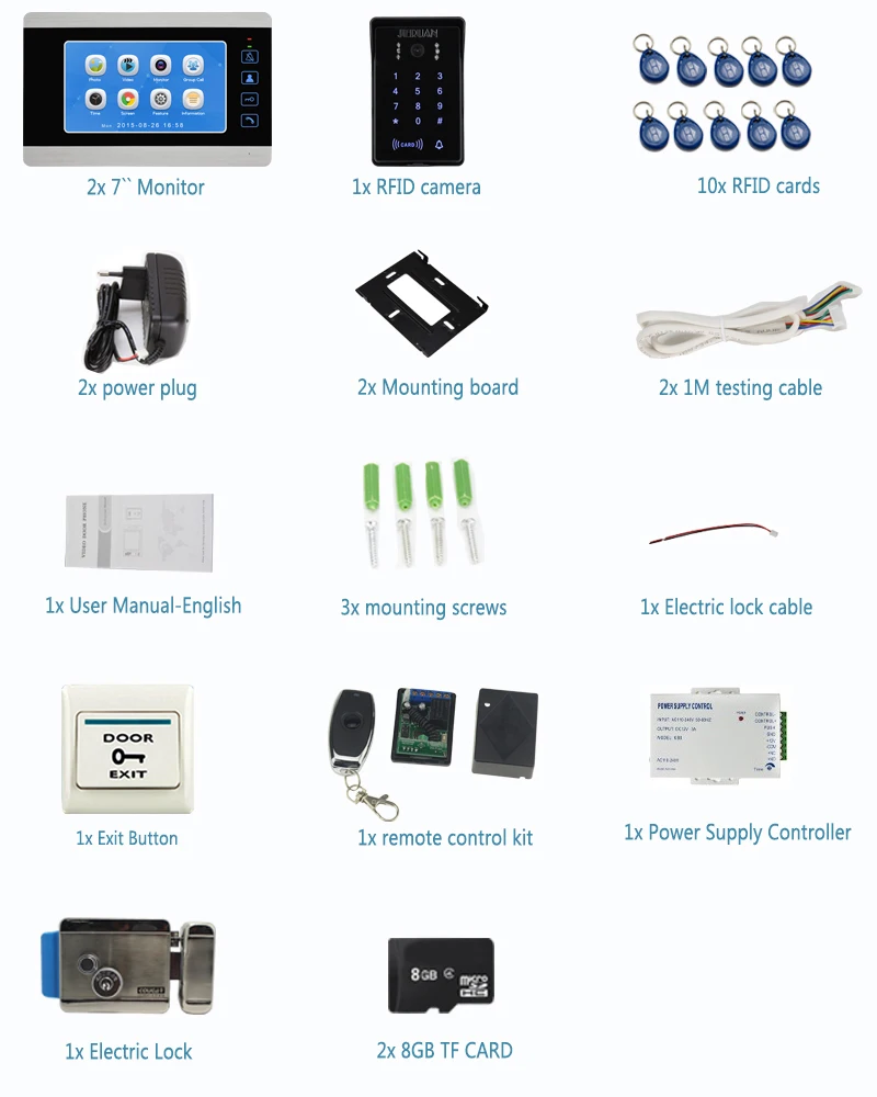 JERUAN 2 Мониторы Водонепроницаемый пароль доступа RFID Камера 7 дюймов видео Звонок домофона голос/Запись видео домофон Системы комплект