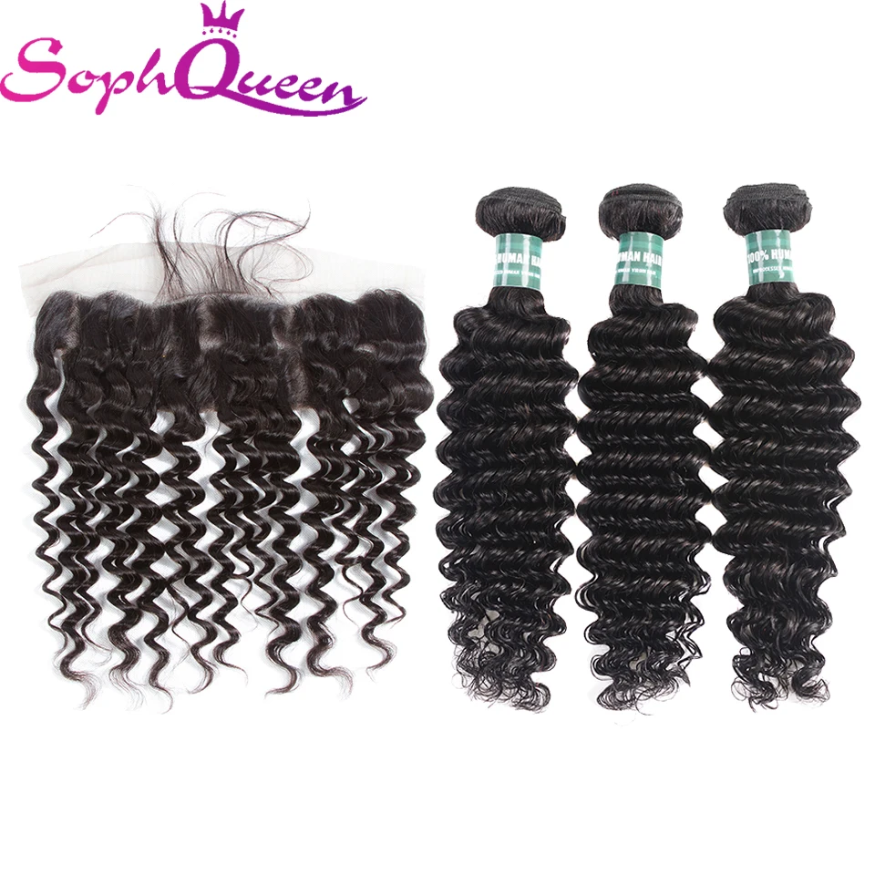 Soph queen hair Deep пучки волнистых волос с фронтальным закрытием малазийские волосы плетение пучков с закрытием фронтальных Remy человеческих