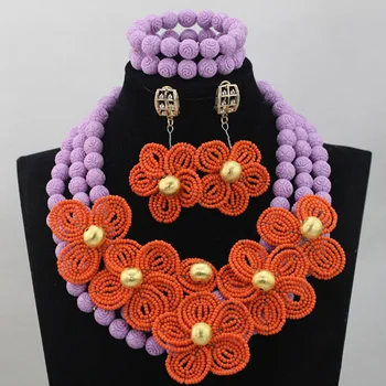 

Amazing Nigerian Bead Necklaces Wedding Peach Purple Coral Beads Set African Costume Jewelry Set Orange Flowers For Woman CJ458