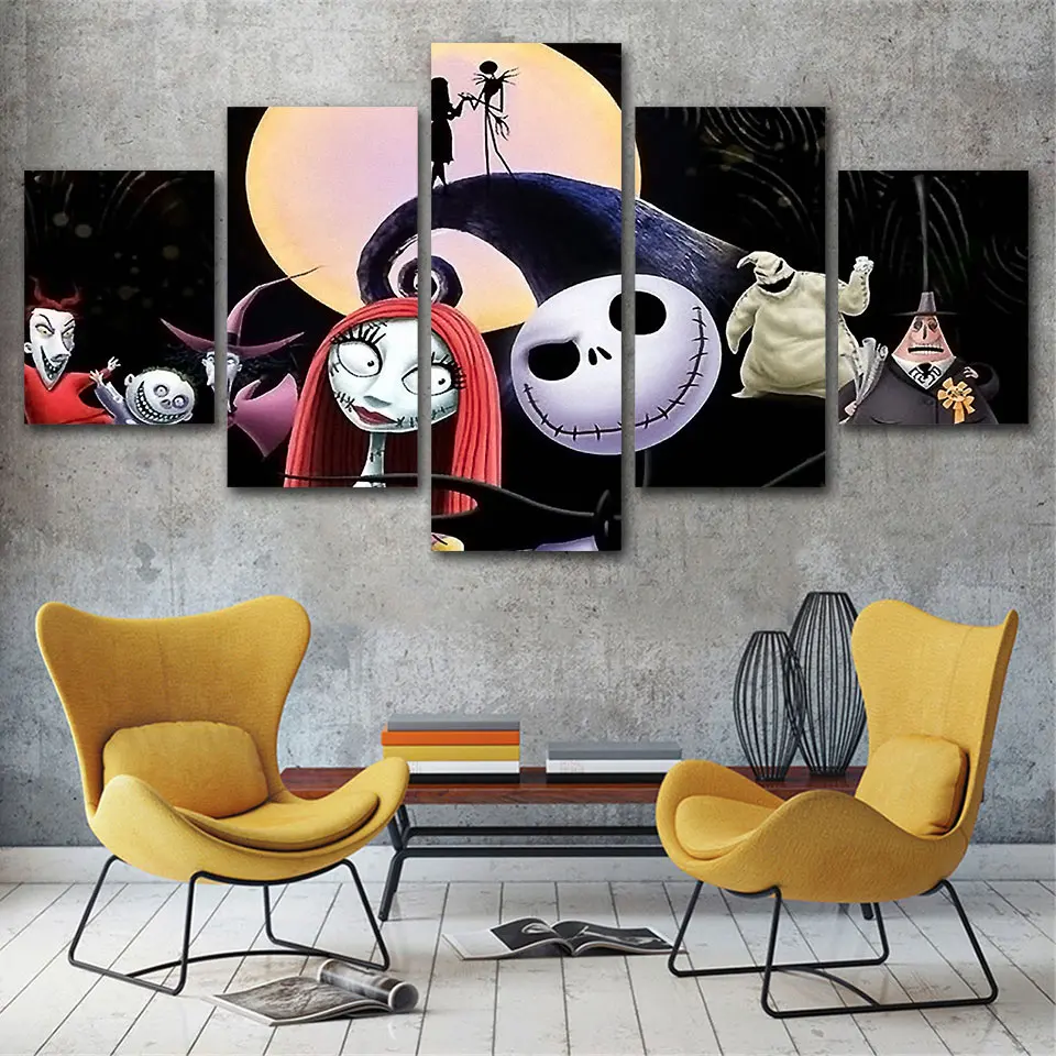 

Printed Canvas Art Modular Poster 5 Piece Ghost Anime Poster Nightmare before Christmas Terror Picture Decor Wall Painting Frame